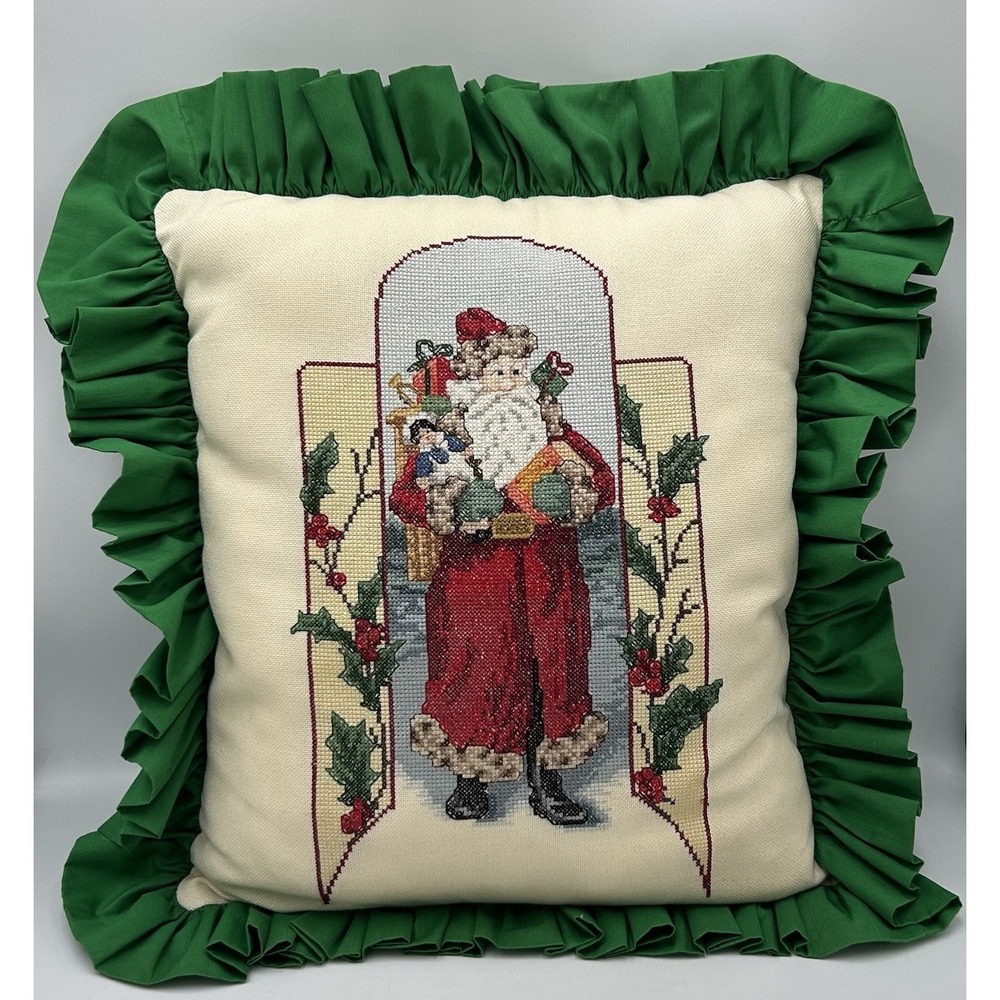 Vintage Handmade Cross Stitch Christmas Pillow Santa Claus Ruffled Trim